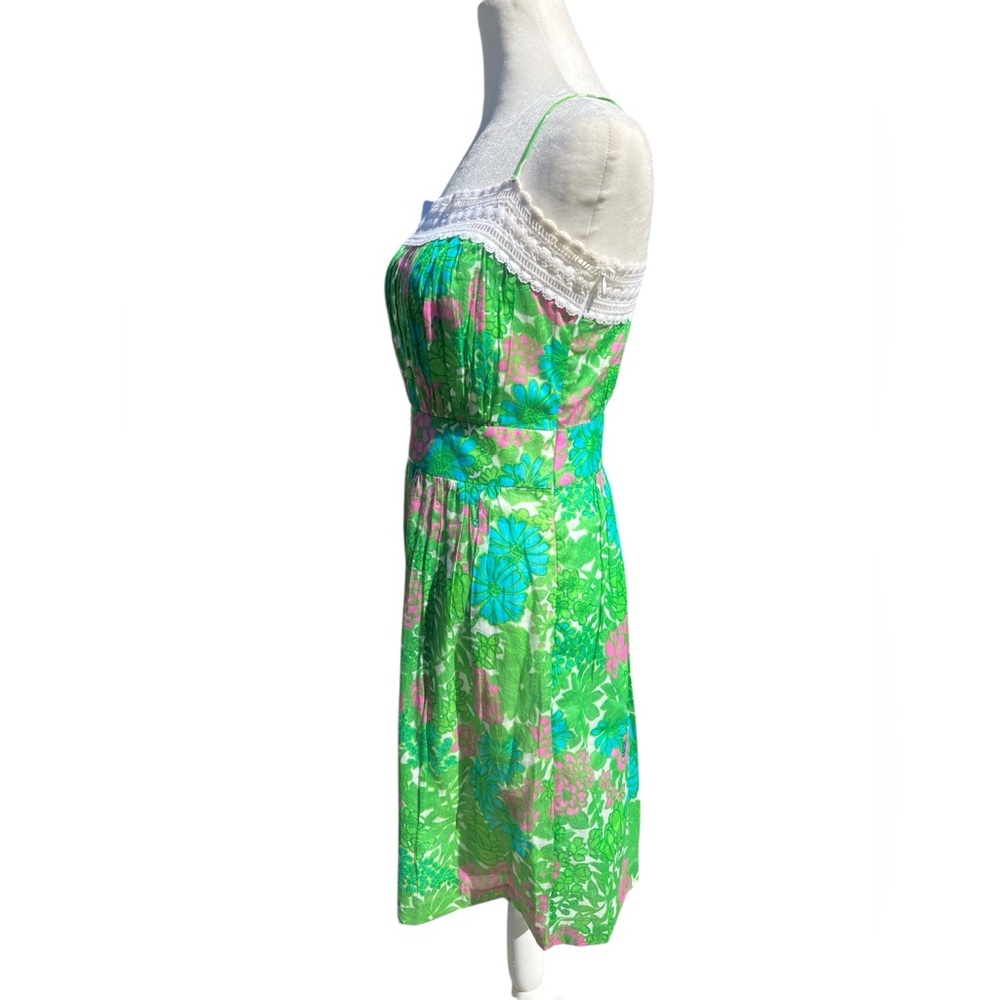 MILLY Green Pink Floral Garden Sun Dress Lace Trim *As Seen on Dexter TV* Sz 2 - Picture 5 of 14